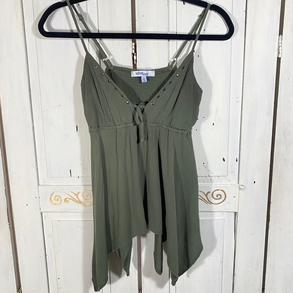 Velvet Moon Olive Green Handkerchief Hem Studded Camisole Top Small Boho Fairy - Picture 5 of 10